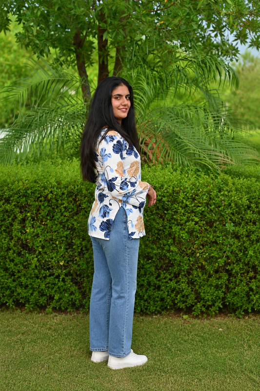 Women Floral Printed Casual Top | Stylish White Regular Fit Bell Sleeve Top for Women & Girls