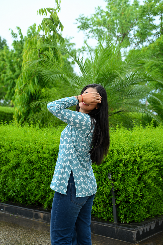 Women Printed Casual Top | Stylish Blue Rayon Top for Women | Regular Fit Bell Sleeve Top