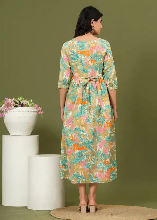 Women Floral Printed Maternity Feeding Dress | Nursing Friendly Feeding Gown | Front Button Pregnancy Dress