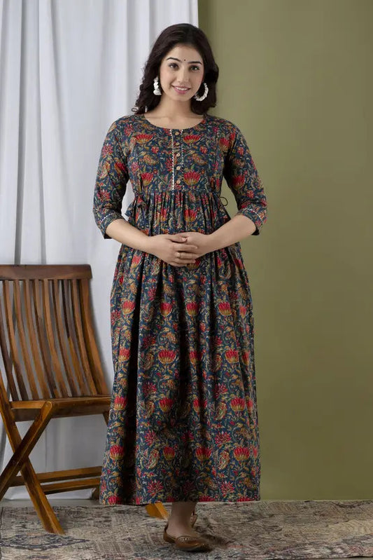 Blue Floral Print Maternity Feeding Gown for Women | Elegant Nursing Dress with Front Buttons
