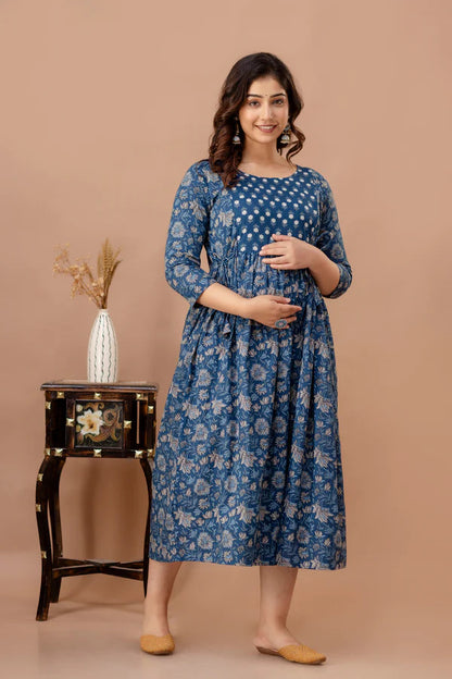 Women Printed Maternity Feeding Dress | Nursing Friendly Feeding Gown | Floral Pregnancy Dress for Women