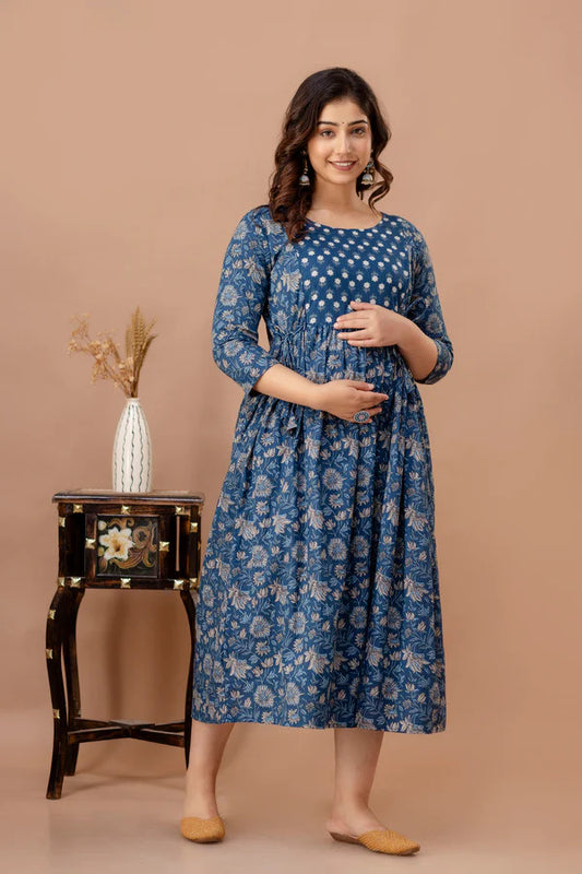 Women Printed Maternity Feeding Dress | Nursing Friendly Feeding Gown | Floral Pregnancy Dress for Women