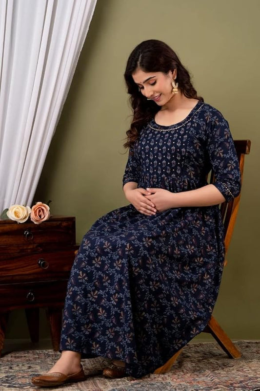 Women Floral Printed Maternity Feeding Dress | Nursing Friendly Feeding Gown | 3/4 Sleeve Pregnancy Dress
