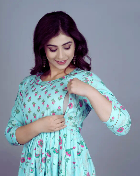Women Floral Printed Maternity Feeding Dress | Nursing Friendly | 3/4 Sleeve Anarkali Dress
