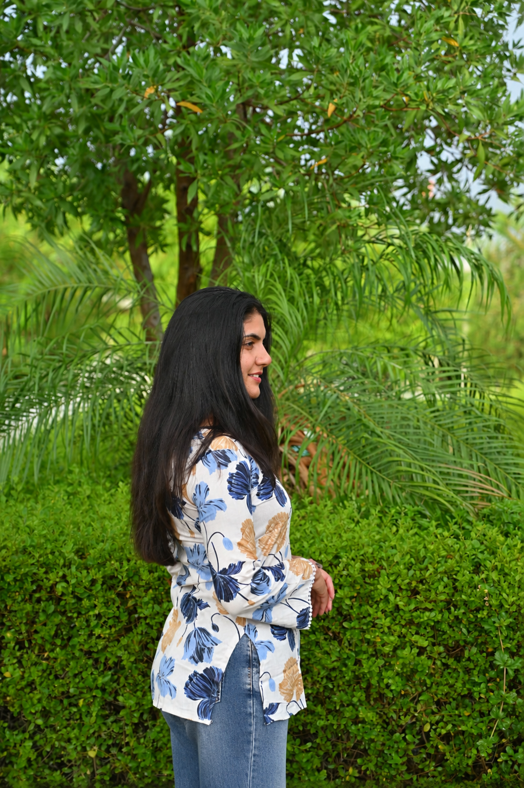 Women Floral Printed Casual Top | Stylish White Regular Fit Bell Sleeve Top for Women & Girls