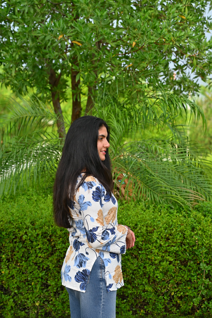 Women Floral Printed Casual Top | Stylish White Regular Fit Bell Sleeve Top for Women & Girls