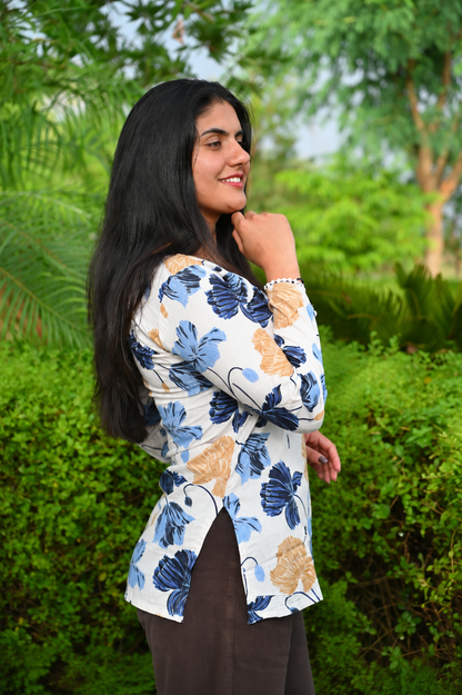 Women Floral Printed Casual Top | Stylish White Regular Fit Bell Sleeve Top for Women & Girls