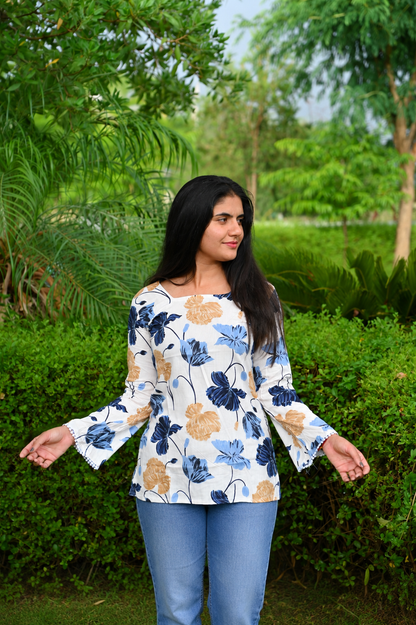 Women Floral Printed Casual Top | Stylish White Regular Fit Bell Sleeve Top for Women & Girls