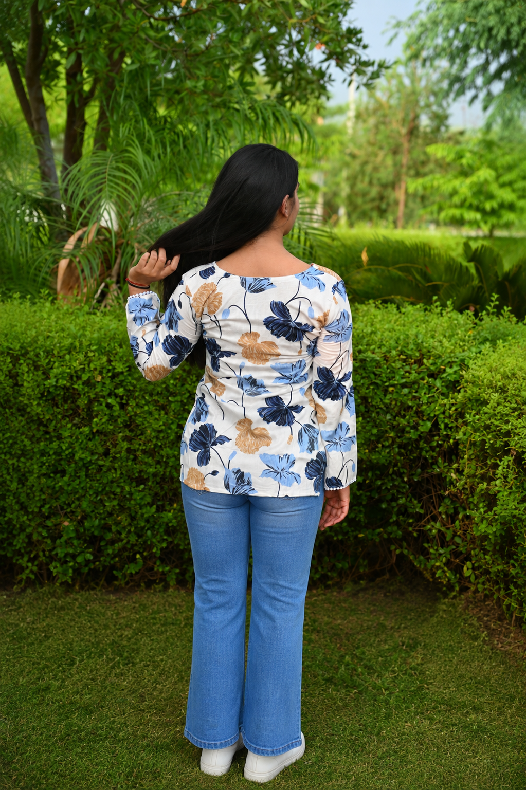 Women Floral Printed Casual Top | Stylish White Regular Fit Bell Sleeve Top for Women & Girls