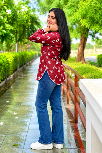 Women Maroon Printed Casual Top | Stylish Squre Neck Regular Fit Top for Women & Girls