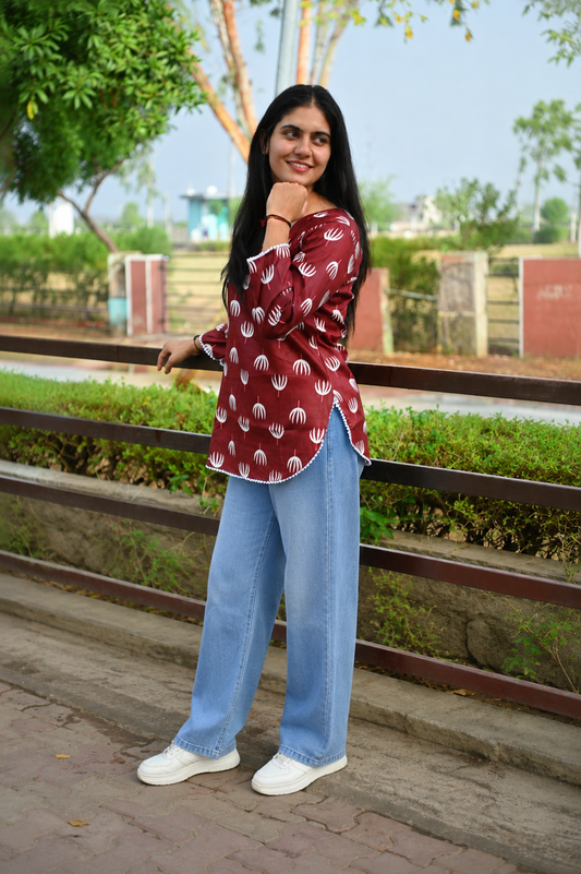 Women Maroon Printed Casual Top | Stylish Squre Neck Regular Fit Top for Women & Girls