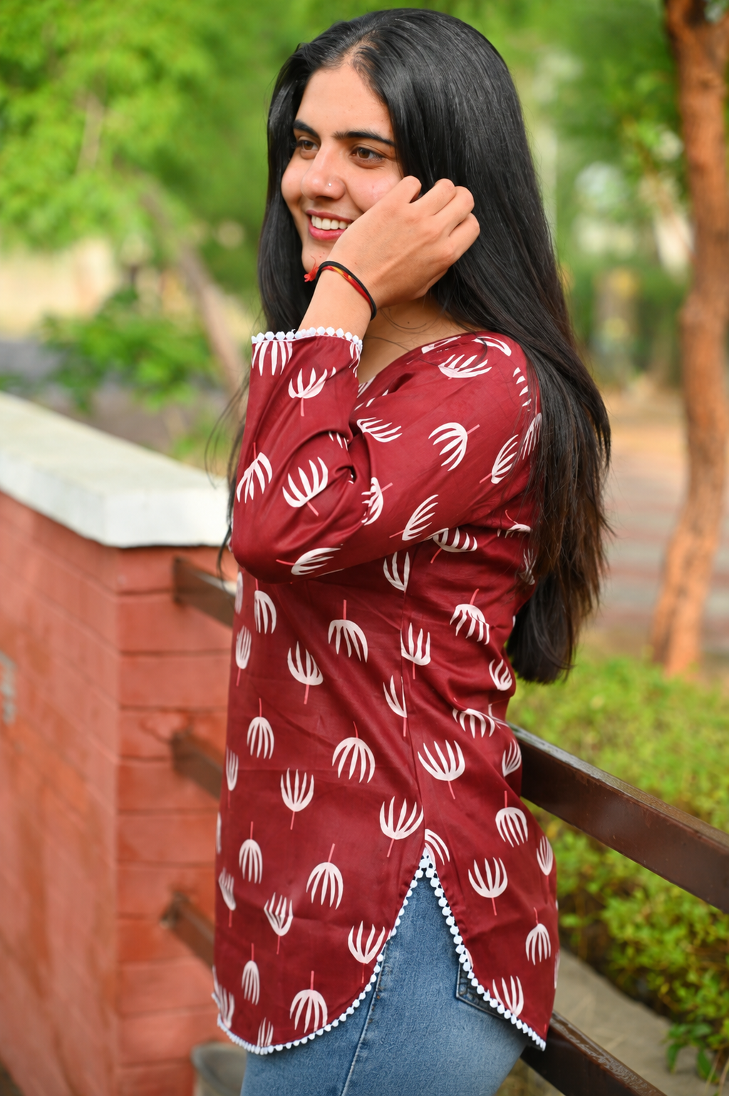 Women Maroon Printed Casual Top | Stylish Squre Neck Regular Fit Top for Women & Girls