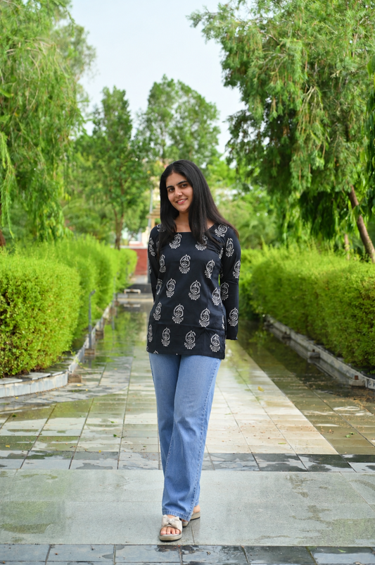 Women Black Printed Casual Top | Stylish Regular Fit Bell Sleeve Top for Women & Girls