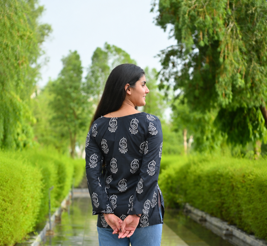 Women Black Printed Casual Top | Stylish Regular Fit Bell Sleeve Top for Women & Girls