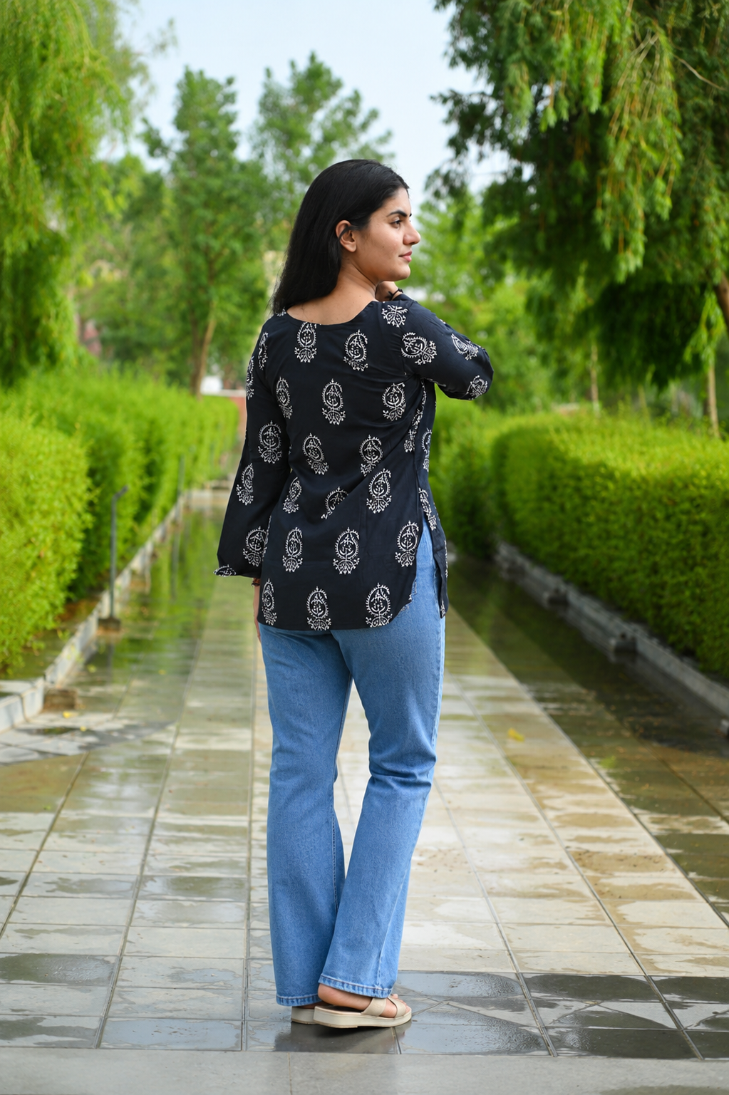 Women Black Printed Casual Top | Stylish Regular Fit Bell Sleeve Top for Women & Girls