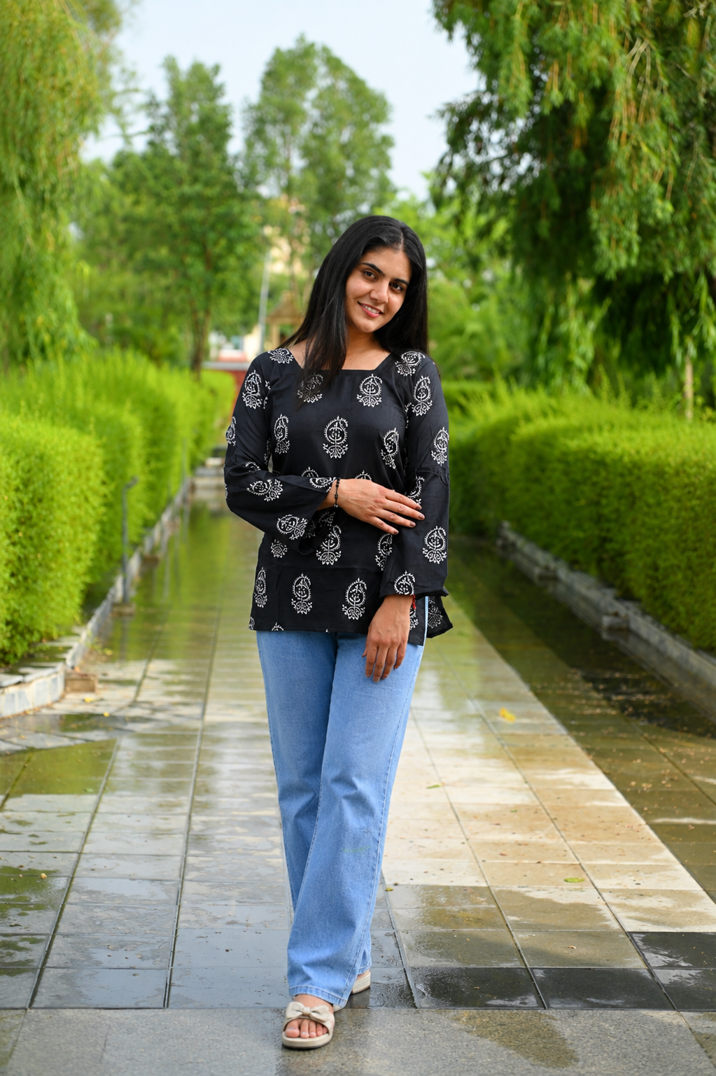 Women Black Printed Casual Top | Stylish Regular Fit Bell Sleeve Top for Women & Girls