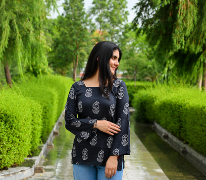 Women Black Printed Casual Top | Stylish Regular Fit Bell Sleeve Top for Women & Girls