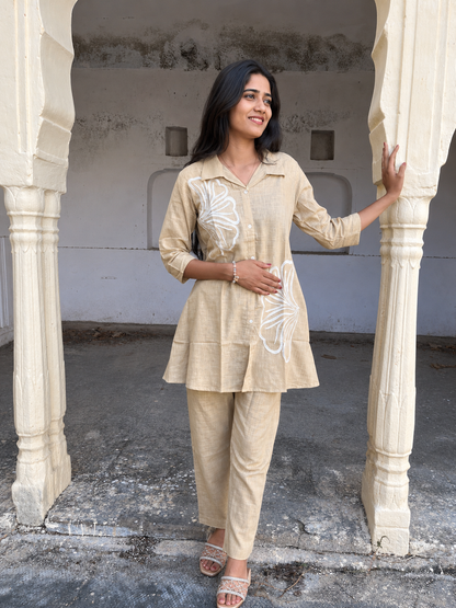 Women Beige Floral Printed Rayon Co-Ord Set with Straight Pants | Casual Ethnic Wear