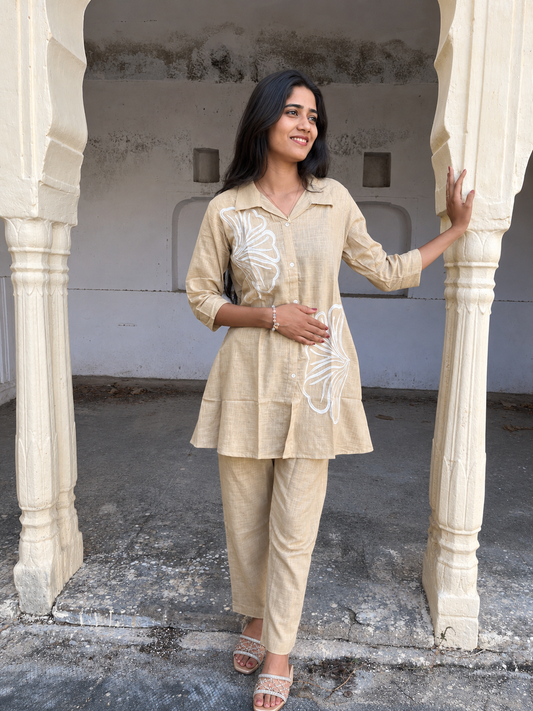 Women Beige Floral Printed Rayon Co-Ord Set with Straight Pants | Casual Ethnic Wear