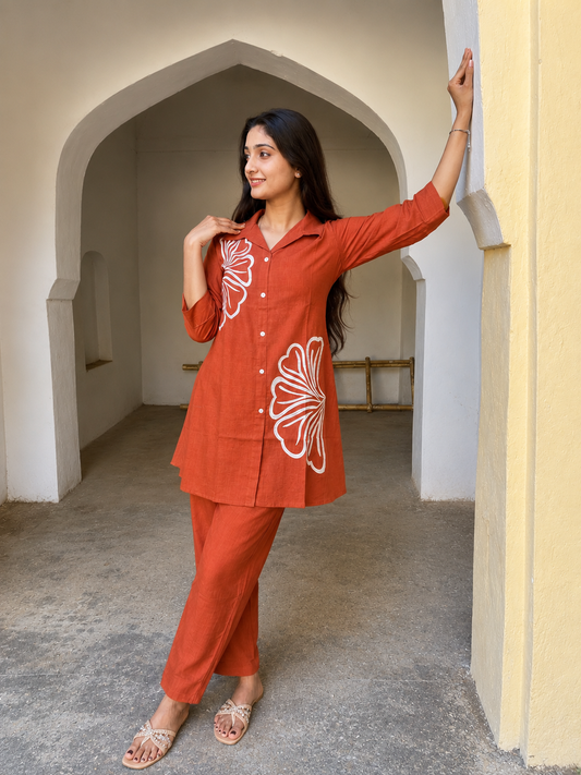 Women's Rust Orange Printed Co-Ord Set | Floral Print Shirt Style Kurti with Palazzo Pants | Casual & Daily Wear