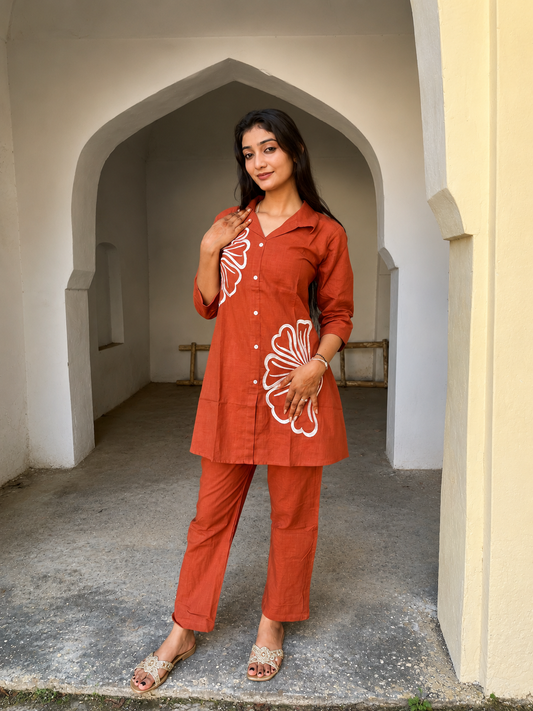 Women's Rust Orange Printed Co-Ord Set | Floral Print Shirt Style Kurti with Palazzo Pants | Casual & Daily Wear