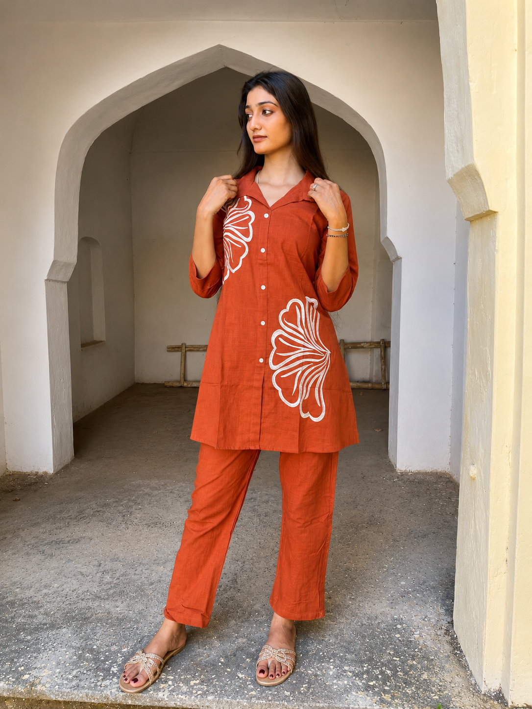 Women's Rust Orange Printed Co-Ord Set | Floral Print Shirt Style Kurti with Palazzo Pants | Casual & Daily Wear