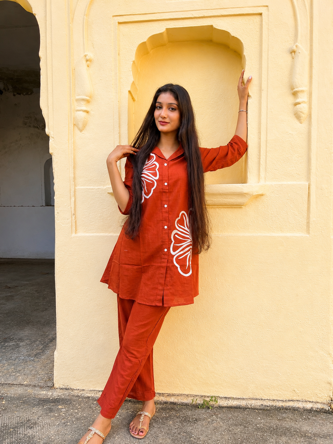 Women's Rust Orange Printed Co-Ord Set | Floral Print Shirt Style Kurti with Palazzo Pants | Casual & Daily Wear