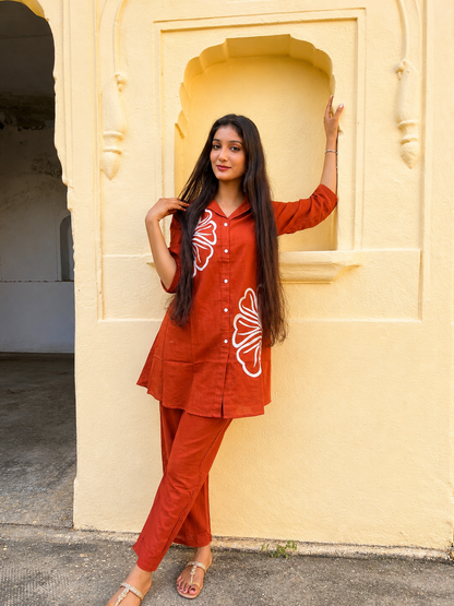 Women's Rust Orange Printed Co-Ord Set | Floral Print Shirt Style Kurti with Palazzo Pants | Casual & Daily Wear