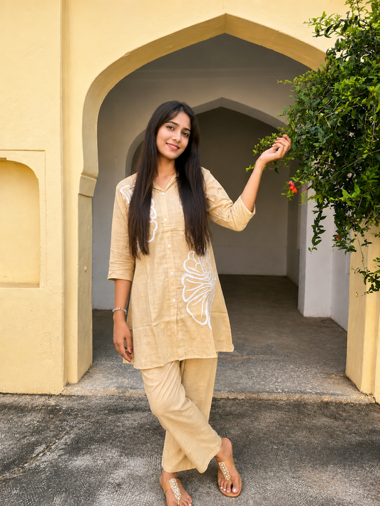 Women Beige Floral Printed Rayon Co-Ord Set with Straight Pants | Casual Ethnic Wear