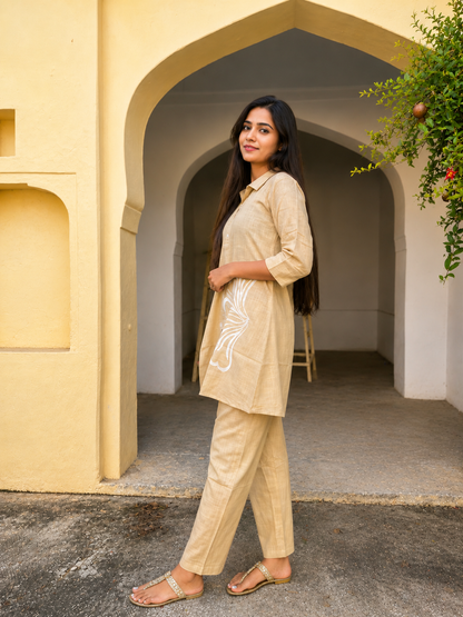 Women Beige Floral Printed Rayon Co-Ord Set with Straight Pants | Casual Ethnic Wear