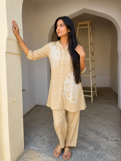 Women Beige Floral Printed Rayon Co-Ord Set with Straight Pants | Casual Ethnic Wear