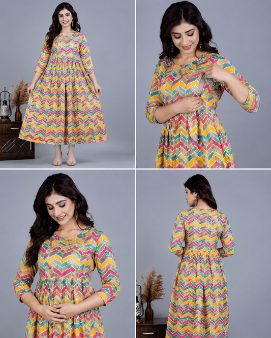 Multicolor Chevron Print Maternity Feeding Gown for Women | Stylish Nursing Dress with Hidden Zip