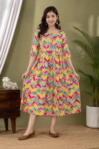 Multicolor Chevron Print Maternity Feeding Gown for Women | Stylish Nursing Dress with Hidden Zip