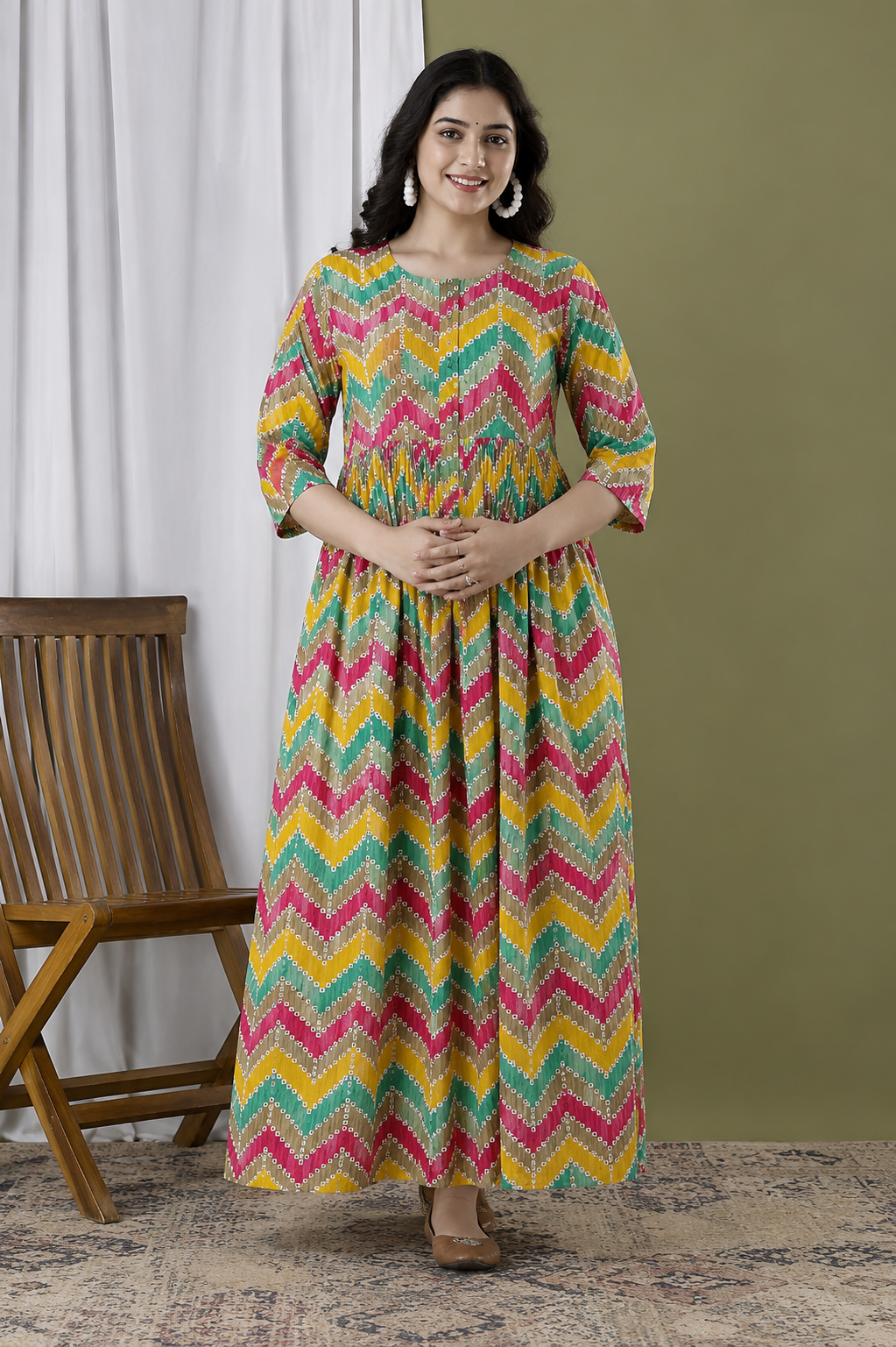 Multicolor Chevron Print Maternity Feeding Gown for Women | Stylish Nursing Dress with Hidden Zip