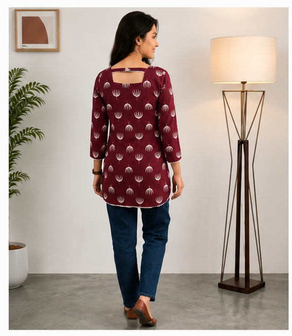 Women Maroon Printed Casual Top | Stylish Squre Neck Regular Fit Top for Women & Girls