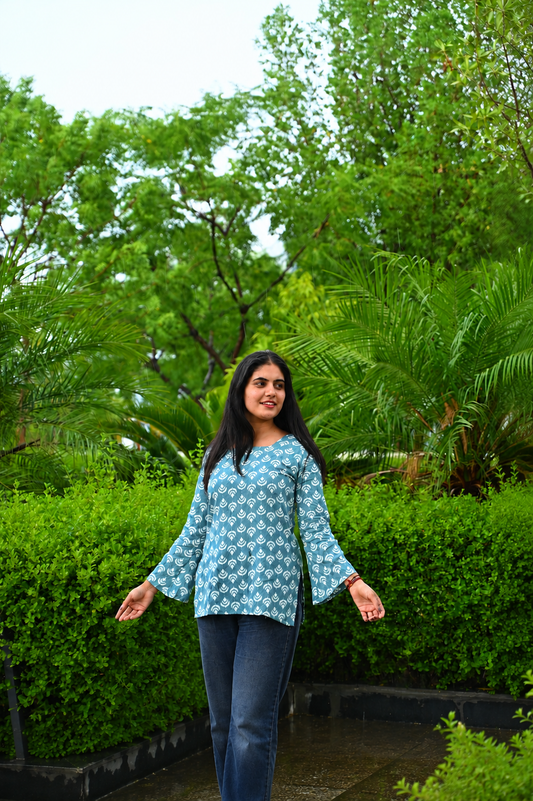 Women Printed Casual Top | Stylish Blue Rayon Top for Women | Regular Fit Bell Sleeve Top