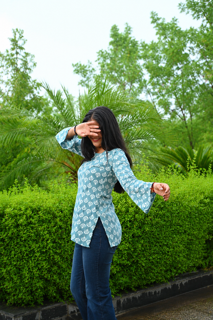 Women Printed Casual Top | Stylish Blue Rayon Top for Women | Regular Fit Bell Sleeve Top