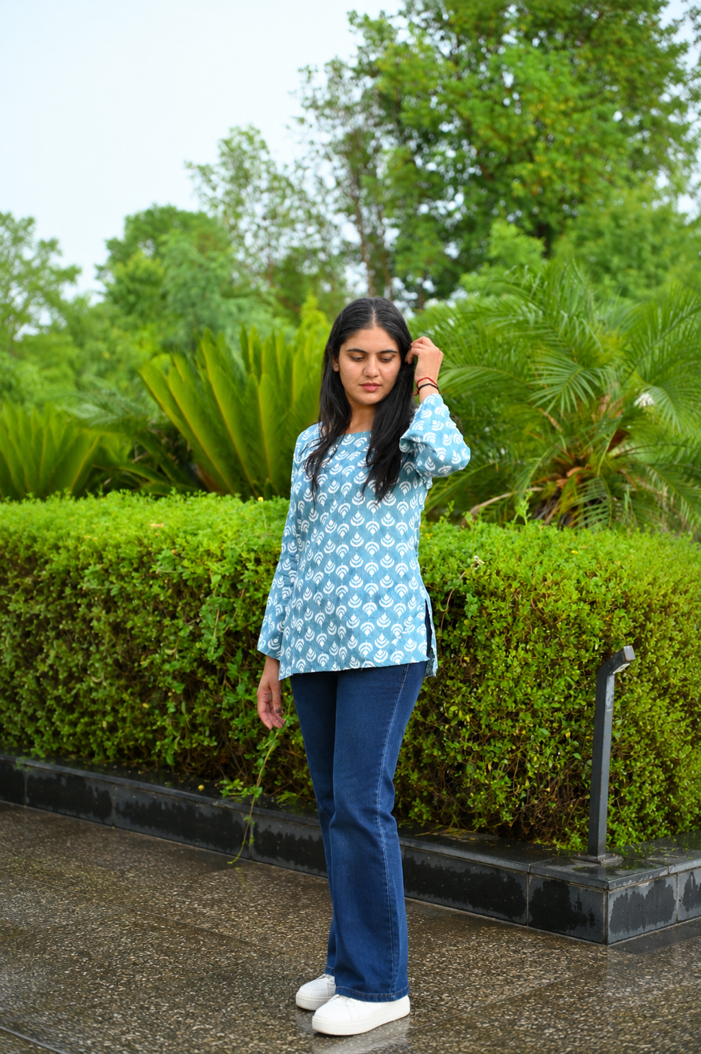 Women Printed Casual Top | Stylish Blue Rayon Top for Women | Regular Fit Bell Sleeve Top