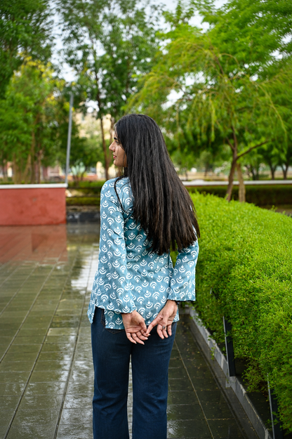 Women Printed Casual Top | Stylish Blue Rayon Top for Women | Regular Fit Bell Sleeve Top