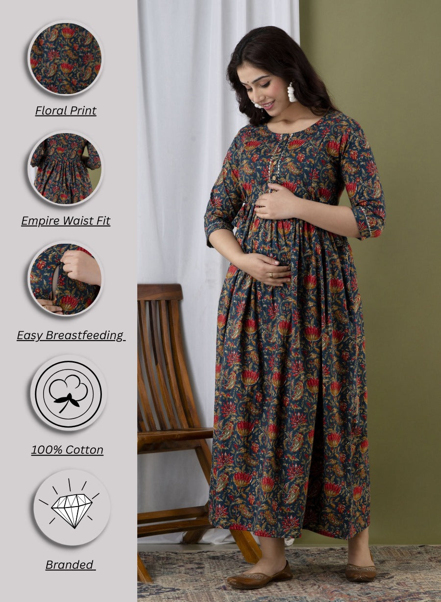 Blue Floral Print Maternity Feeding Gown for Women | Elegant Nursing Dress with Front Buttons