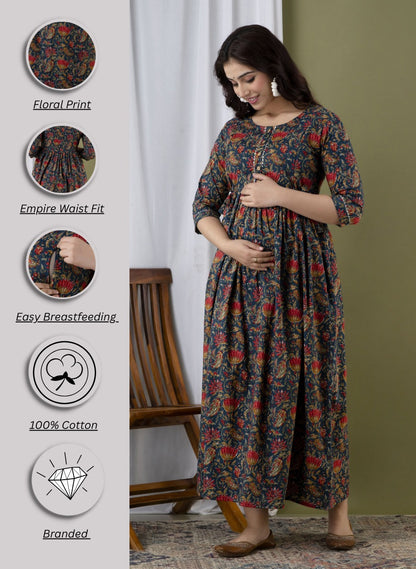 Blue Floral Print Maternity Feeding Gown for Women | Elegant Nursing Dress with Front Buttons