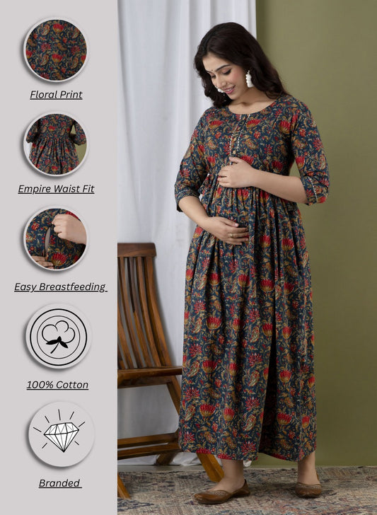 Blue Floral Print Maternity Feeding Gown for Women | Elegant Nursing Dress with Front Buttons