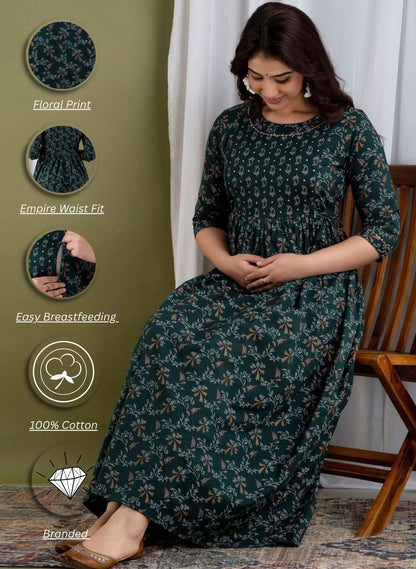 Women Printed Maternity Feeding Dress | Nursing Friendly Feeding Gown | Side Zip Feeding Kurti Dress