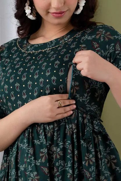 Women Printed Maternity Feeding Dress | Nursing Friendly Feeding Gown | Side Zip Feeding Kurti Dress