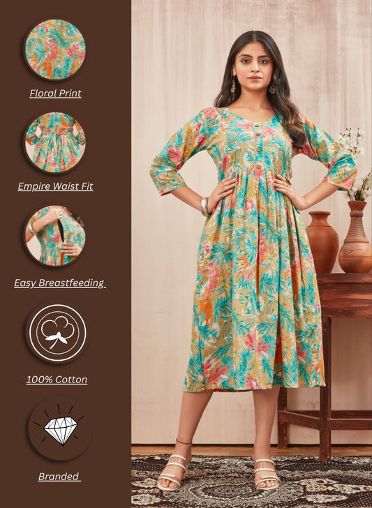 Women Floral Printed Maternity Feeding Dress | Nursing Friendly Feeding Gown | Front Button Pregnancy Dress