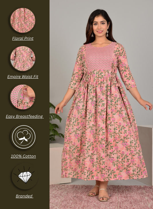 Pink Floral Print Maternity Feeding Gown for Women | Soft Nursing Dress with Concealed Zip