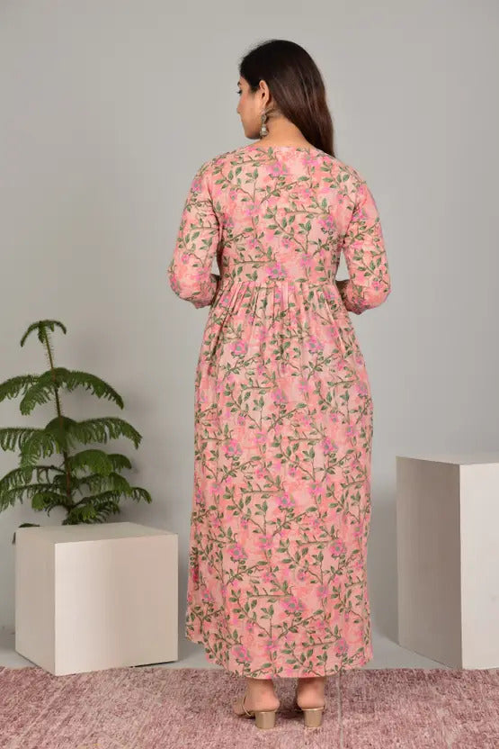 Pink Floral Print Maternity Feeding Gown for Women | Soft Nursing Dress with Concealed Zip