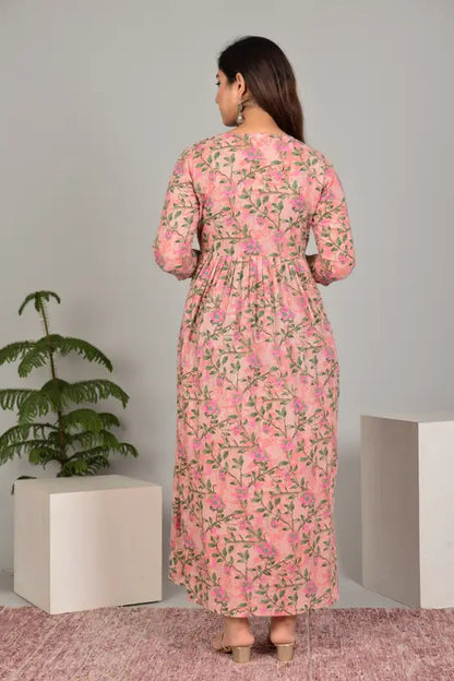 Pink Floral Print Maternity Feeding Gown for Women | Soft Nursing Dress with Concealed Zip