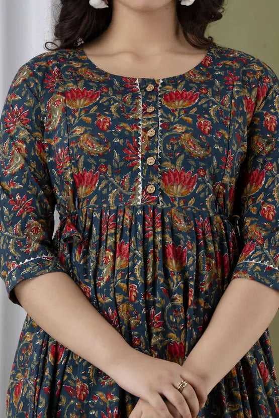 Blue Floral Print Maternity Feeding Gown for Women | Elegant Nursing Dress with Front Buttons