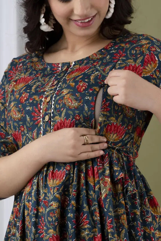Blue Floral Print Maternity Feeding Gown for Women | Elegant Nursing Dress with Front Buttons